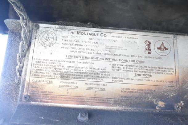 Montague 24P-2 commercial pizza oven label showing lighting instructions and certification details, natural gas powered.