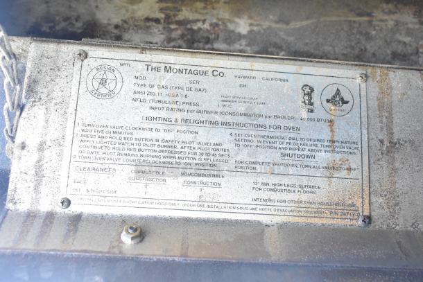 Montague 24P-2 commercial pizza oven label, shows lighting instructions and input rating of 40,000 BTU/hr, used condition.