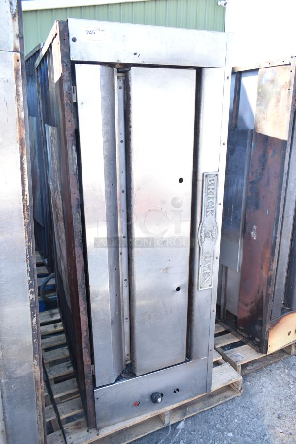Montague Commercial Natural Gas Single Deck Pizza Oven, stainless steel, visible wear, branded "Brick Oven," lot label "245."