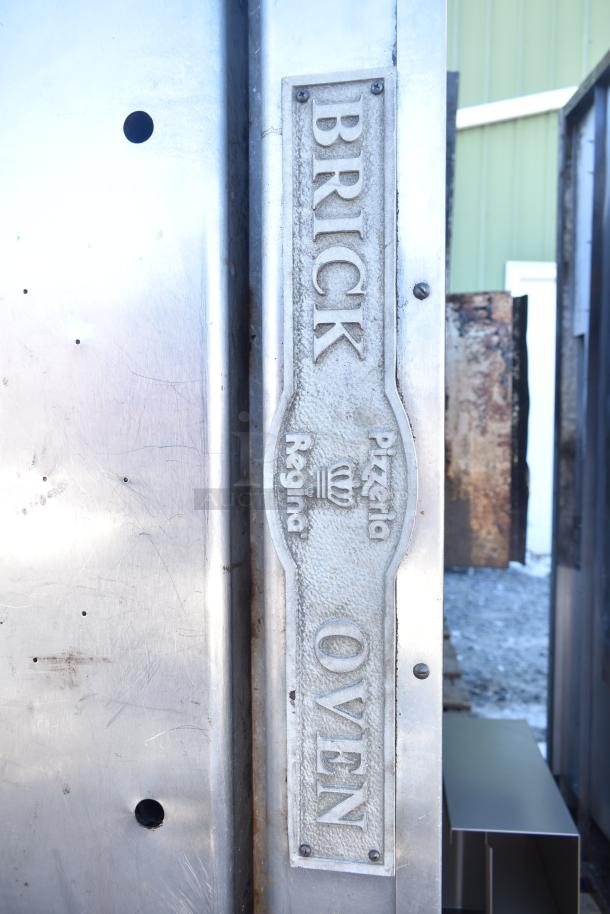 Montague Commercial Natural Gas Single Deck Pizza Oven, stainless steel, features "Brick Oven" and "Regina Pizzeria" engraving.