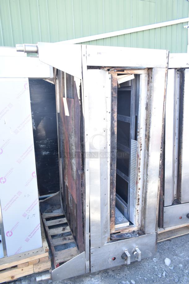 Montague Commercial Natural Gas Single Deck Pizza Oven with legs, visible wear, sturdy stainless steel construction.