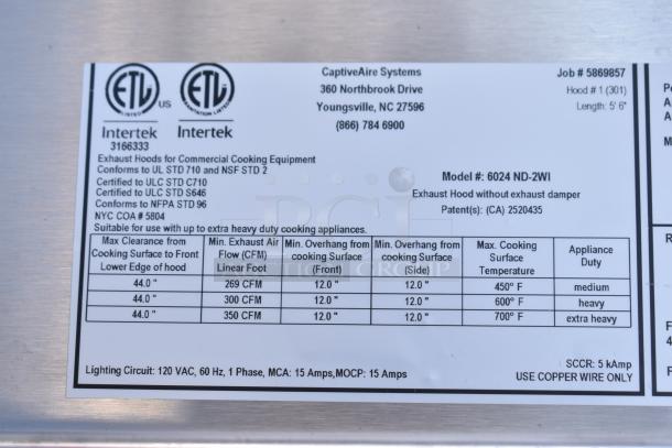 BRAND NEW CaptiveAire 6024 ND-2WI commercial return air grease hood, scratch and dent condition, with filters and lights.