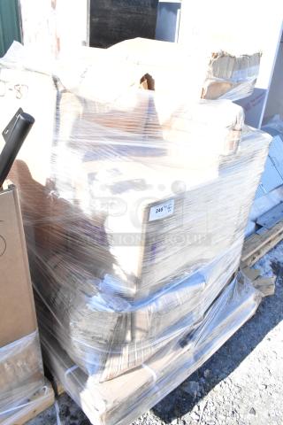 Pallet with 9 brand new scratch and dent items, including ingredient bin and dish table, wrapped in plastic. Tags show item number 248.
