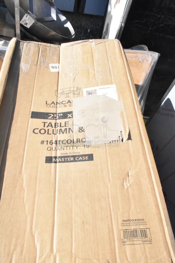 Cardboard box labeled "Lancaster Table & Seating," showing signs of scratches and dents. Contains table columns, model #164TCOLROD25, made in China.