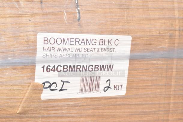 Box with label "BOOMERANG BLK C" for hair with walnut wood seat and backrest, model 164CBMRNGBWW, 2 kits, ships assembled.