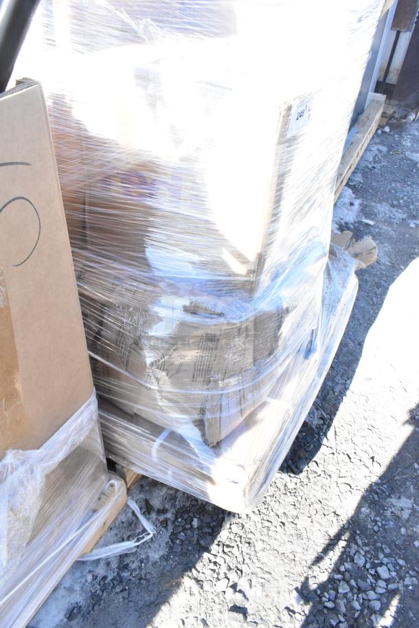 Pallet of 9 brand new scratch and dent items wrapped in plastic, including an ingredient bin and dish table.