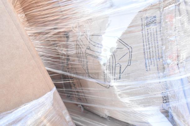 Plastic-wrapped boxes containing nine brand-new scratch and dent items, including an ingredient bin and dish table.