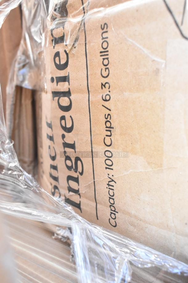 Ingredient bin label shows capacity of 100 cups/6.3 gallons, wrapped in protective plastic. Part of a scratch and dent auction.