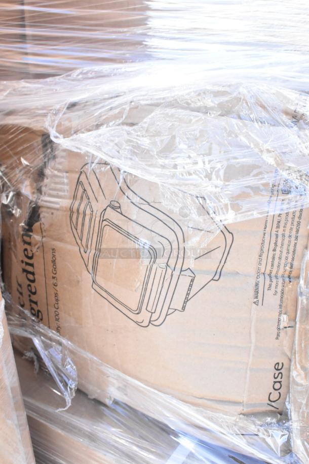 Image shows boxed kitchen items wrapped in plastic, including a new ingredient bin. Scratch and dent condition, bulk sale.