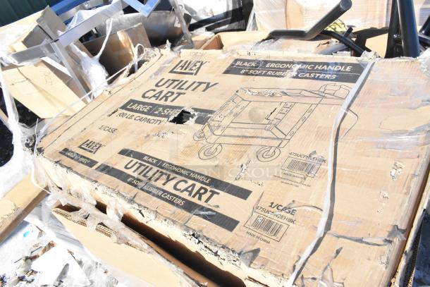 Alera utility cart in damaged packaging, black ergonomic handle, 600 lb capacity, scratch and dent condition.