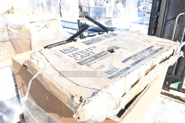 Box labeled "Avex Utility Cart" with visible scratches and dents, indicating large 2-shelf cart, 900 lb capacity.