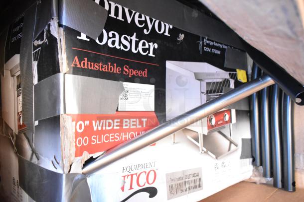 New toaster oven in damaged packaging with adjustable speed and 10" wide belt. Capacity: 300 slices/hour. Minor scratches. Auction includes 6 items.