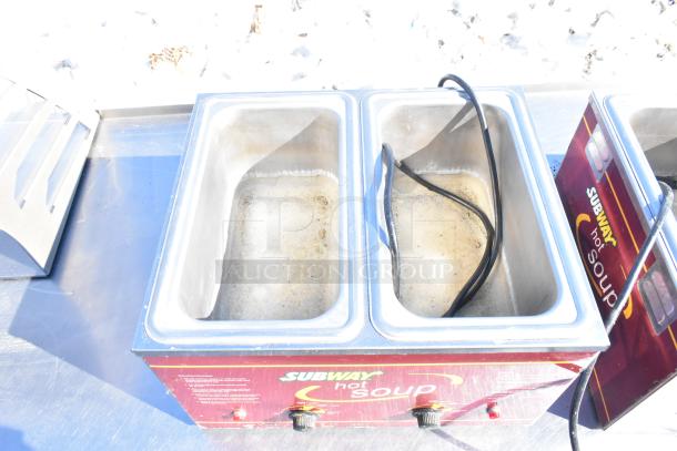 Nemco 6130-SUB Commercial Countertop 2 Well Food Warmer, 120V, labeled "Subway hot soup," well-used, with power cord visible.