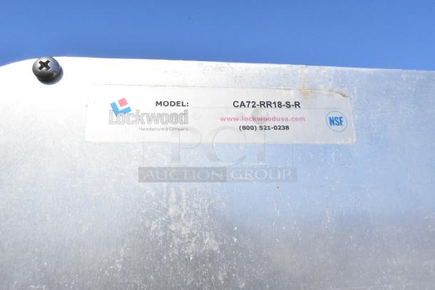 Lockwood CA72-RR18-S-R commercial pan transport rack with casters, NSF certified, visible label and contact info.