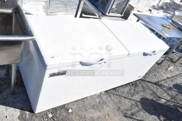 Coldline BD-600 chest freezer, 115 volts, 1 phase, in used condition. Features dual lids, Coldline branding visible.