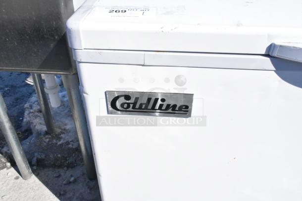 Coldline BD-600 chest freezer, white, 115V, 1 phase, visible Coldline logo, minor surface wear, auction sticker "#269".