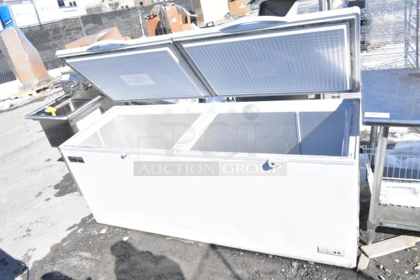 Coldline BD-600 chest freezer, white, 115V, 1 phase, dual hinged lids, spacious interior, good condition, exterior visible outdoors.