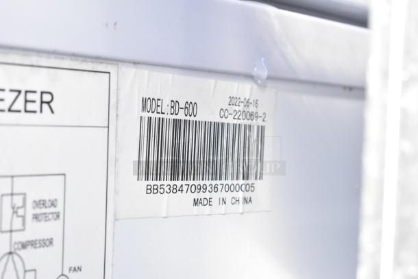 Coldline BD-600 chest freezer label showing model number, barcode, and "Made in China." 115V, 1 phase.