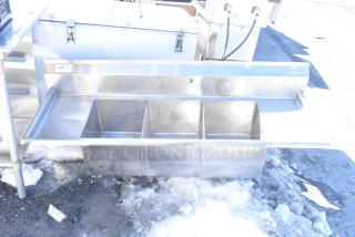 Advance Tabco Commercial 3 Bay Sink with dual drain boards, missing legs. Made of stainless steel, suitable for heavy-duty use.