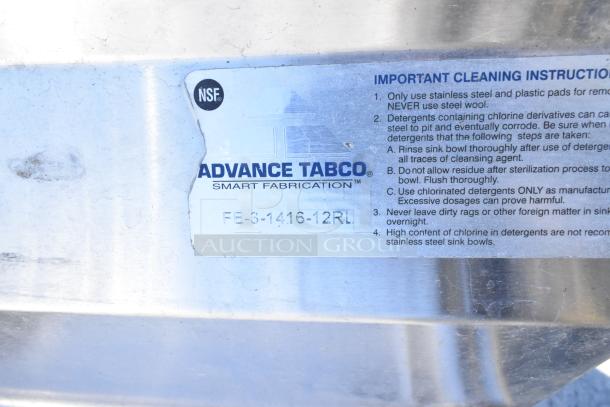 Advance Tabco 3 bay sink label. Features cleaning instructions. Model FE-3-1416-12RL. NSF certified. No legs included.