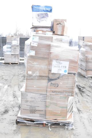 Pallet with 38 brand new scratch and dent items including take-out containers, T-shirt bags, cold cups, champagne flutes.
