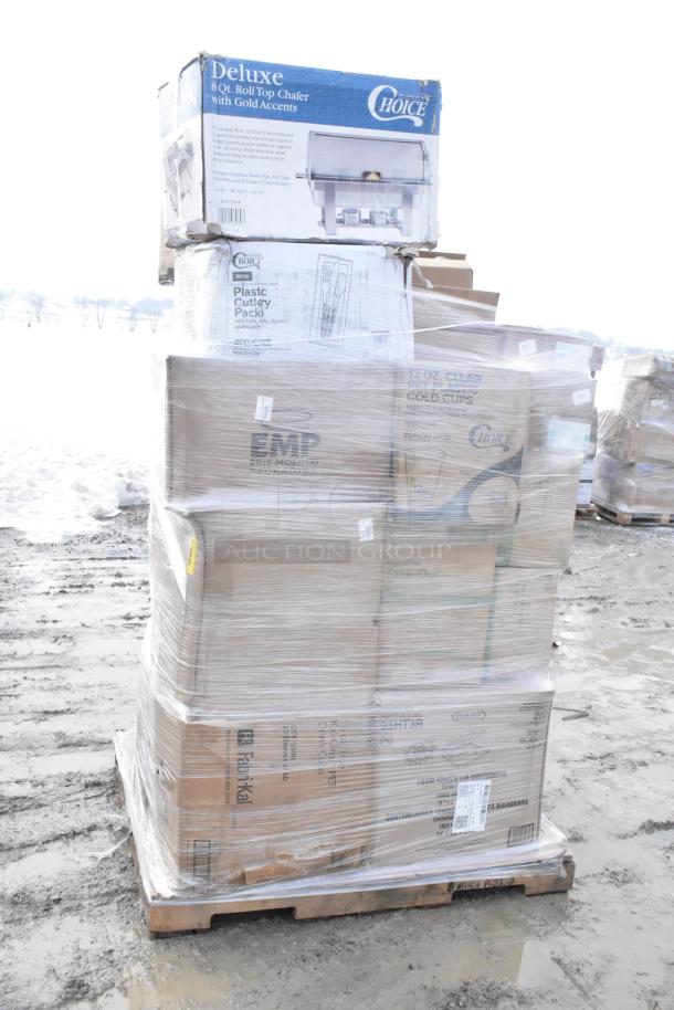Pallet with 38 scratch and dent items, including Choice take-out containers, T-shirt bags, and cold cups, factory-sealed.