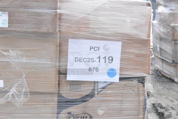 Stacked boxes wrapped in plastic, containing scratch and dent items like take-out containers and cold cups. Label reads "PCI DEC25-119 876".