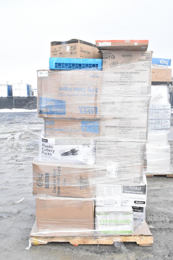 Pallet of new scratch and dent items, including takeout containers, paper towels, gloves; multiple brands, wrapped in plastic.