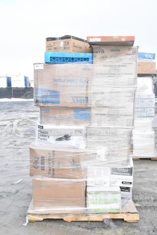 Pallet of new scratch and dent items, including takeout containers, paper towels, gloves; multiple brands, wrapped in plastic.