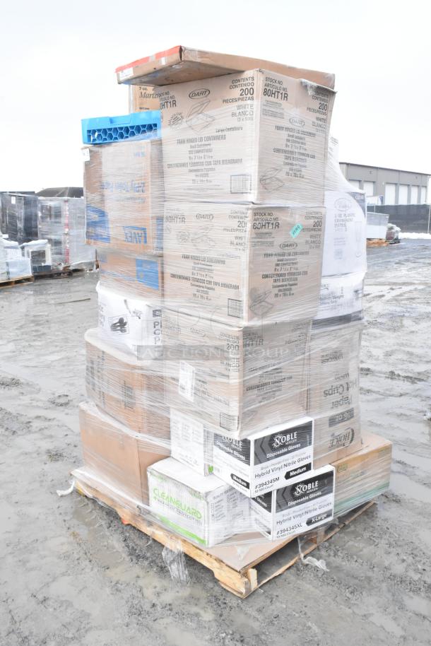 Pallet with 27 boxes of scratch and dent items, including take out containers, paper towels, gloves, in original packaging.