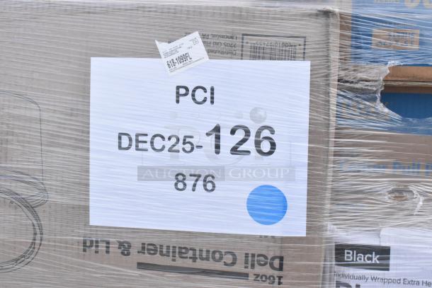 Pallet of assorted items, labeled "PCI DEC25-126 876," wrapped in plastic. Includes take-out containers, paper towels, gloves.