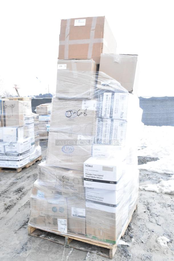 Pallet with 33 brand new scratch and dent items wrapped in plastic, including boxes of Noble gloves and Translucent Boba Straws.