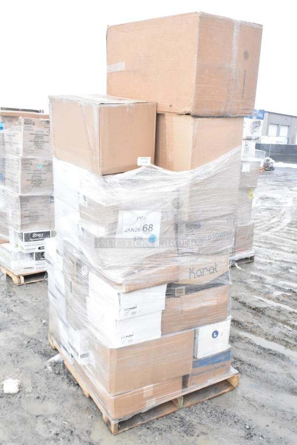 Pallet of 33 brand new scratch-and-dent items, including paper towels, gloves, straws, and bags, wrapped in plastic.