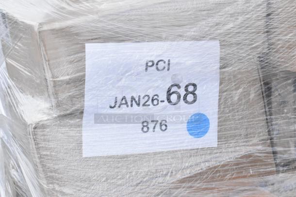 Pallet wrapped in plastic labeled "PCI JAN26-68 876" containing assorted new scratch and dent items: paper towels, gloves, straws, paper bags.
