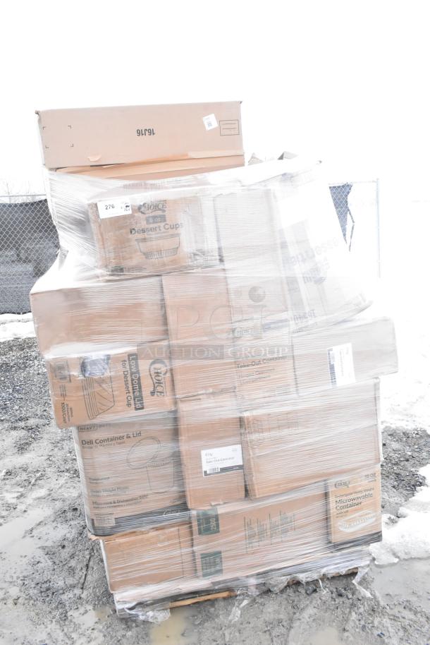 Pallet of 25 brand new scratch and dent items wrapped in plastic, including hot cups, toilet tissue, and containers. Various marked boxes visible.