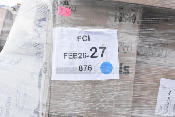 Palette of 25 brand new scratch and dent items, including hot cups and toilet tissue. Wrapped with labels "PCI FEB26-27 876."