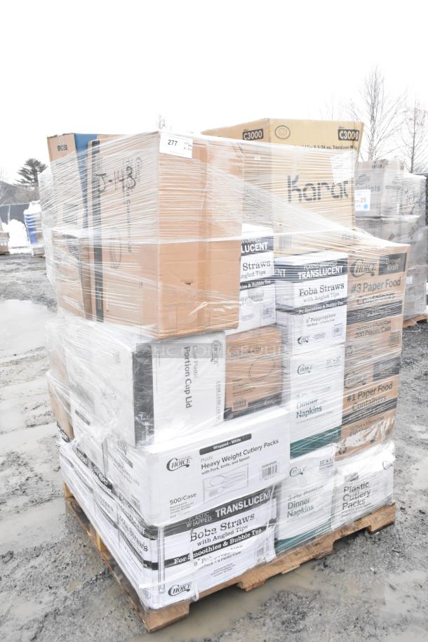 Pallet of 33 brand new scratch and dent items including towels, napkins, container lids, and portion cups, wrapped for auction.