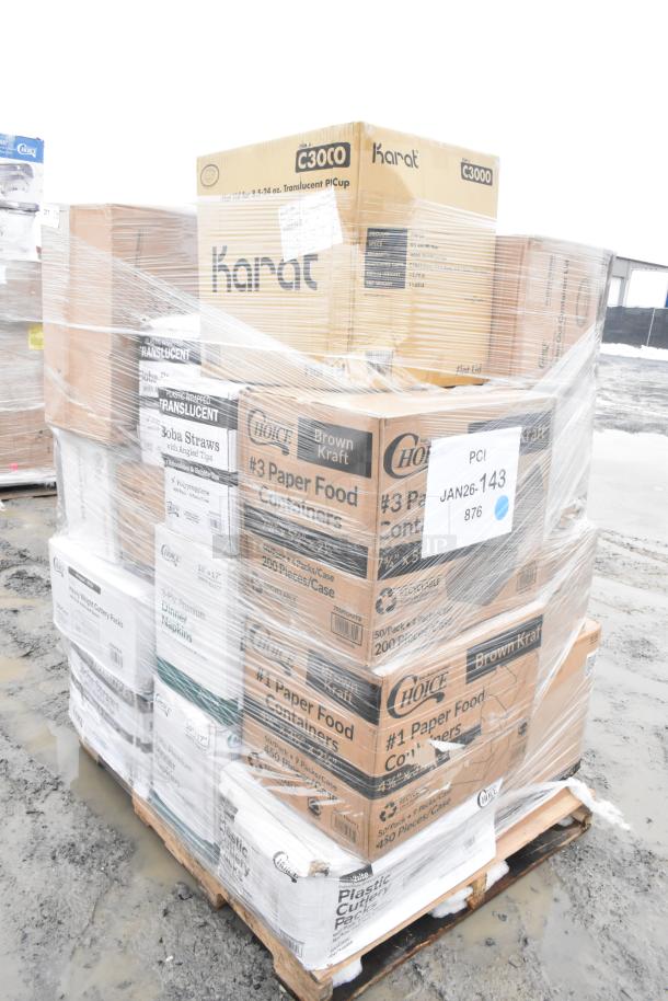 Pallet of scratch and dent items including towels, napkins, container lids, and portion cups. Various brands visible.