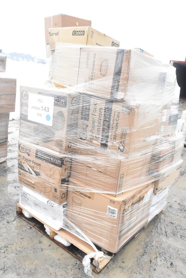 Pallet with 33 scratch and dent items, including boxes of towels, napkins, container lids, and portion cups, wrapped in plastic.