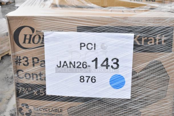 Clear-wrapped pallet with cardboard box, labeled "Choice." Tag reads "PCI JAN26-143 876" with a blue dot. Contains assorted household items.