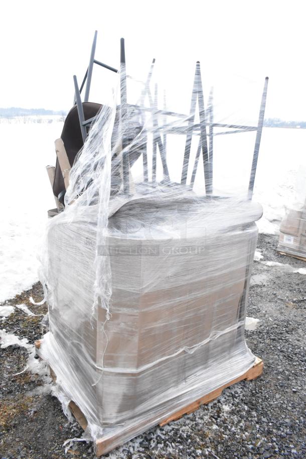 Pallet with 12 brand new scratch and dent chairs wrapped in plastic. Visible legs of stacked chairs. Outdoor setting.