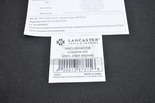 Lancaster chair tag, model 164CUSHWDDB, cushion WD, vinyl dark brown, made in China, formaldehyde compliant.