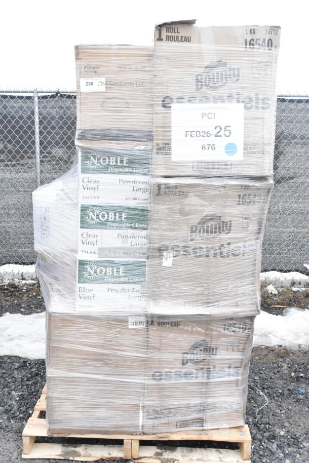 24 brand new scratch and dent items, including Noble gloves and Bounty essentials, on a pallet. Still in boxes.