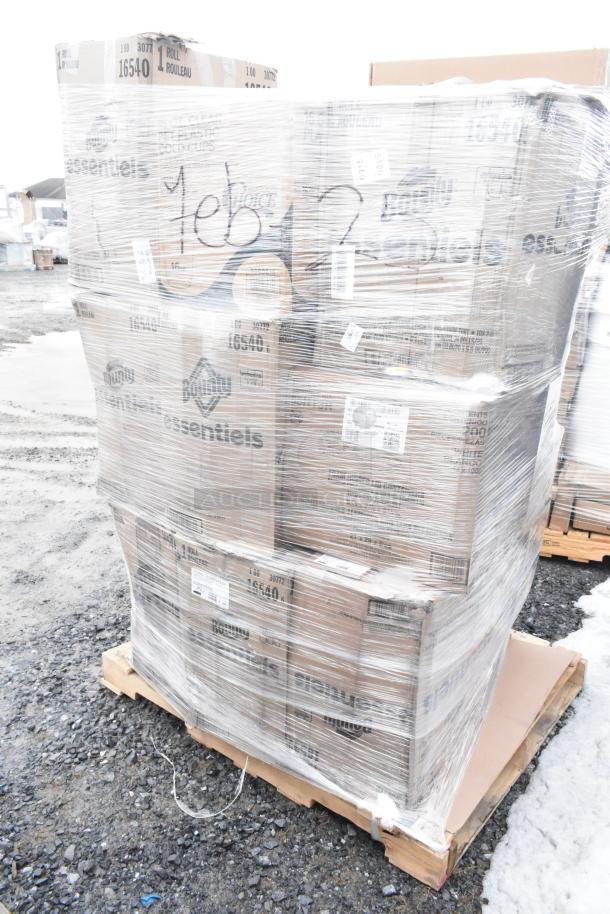 Pallet containing 24 scratch and dent items, including gloves, towel rolls, and bakery boxes, wrapped in plastic with visible labels.
