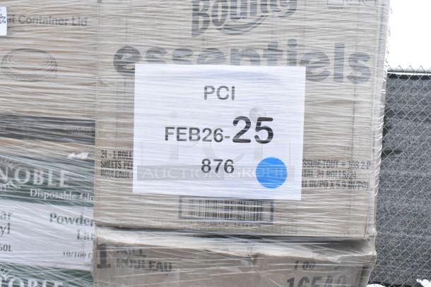 Shrink-wrapped pallet with various boxed items, including gloves and towel rolls. Visible label: "PCI FEB26-25 876."