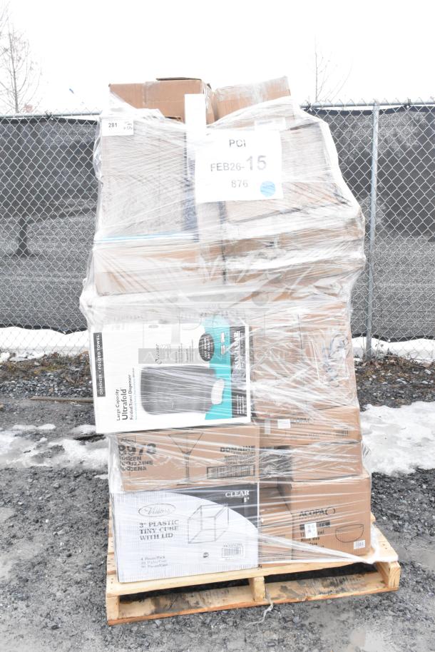 Stack of 58 brand new scratch and dent items, wrapped on a pallet. Includes dump sink, sheet pans, jelly jars, wine glasses.