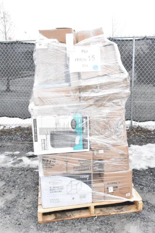 Stack of 58 brand new scratch and dent items, wrapped on a pallet. Includes dump sink, sheet pans, jelly jars, wine glasses.