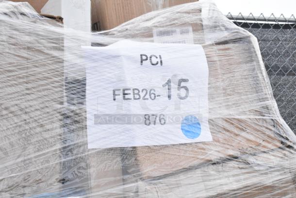 Plastic-wrapped pallet labeled "PCI FEB26-15 876." Contains 58 new scratch and dent items: dump sink, sheet pans, jars, glasses.