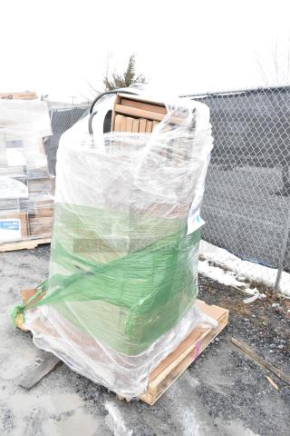Sealed pallet with 17 new scratch and dent barstools, wrapped in clear plastic. Item tags visible on wrapping.