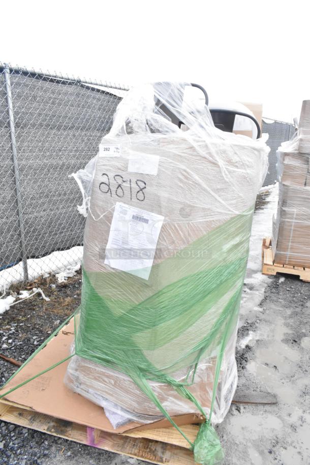 Palette of 17 brand new scratch and dent items including barstools, wrapped in plastic with labels indicating lot number 2818.